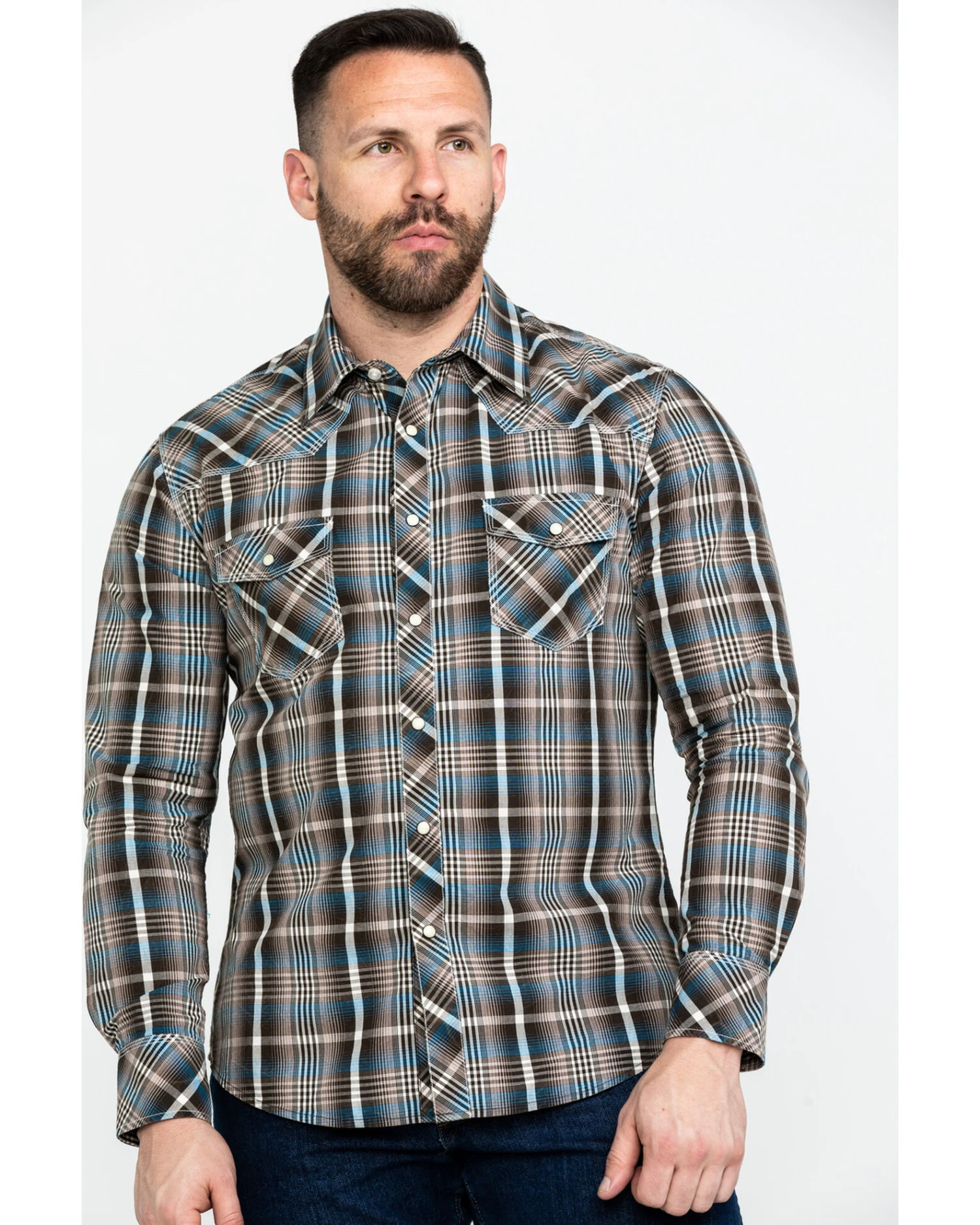Rock & Roll Denim Men's Teal Washed Yarn Dye Plaid Short Sleeve Western Shirt - Image 6