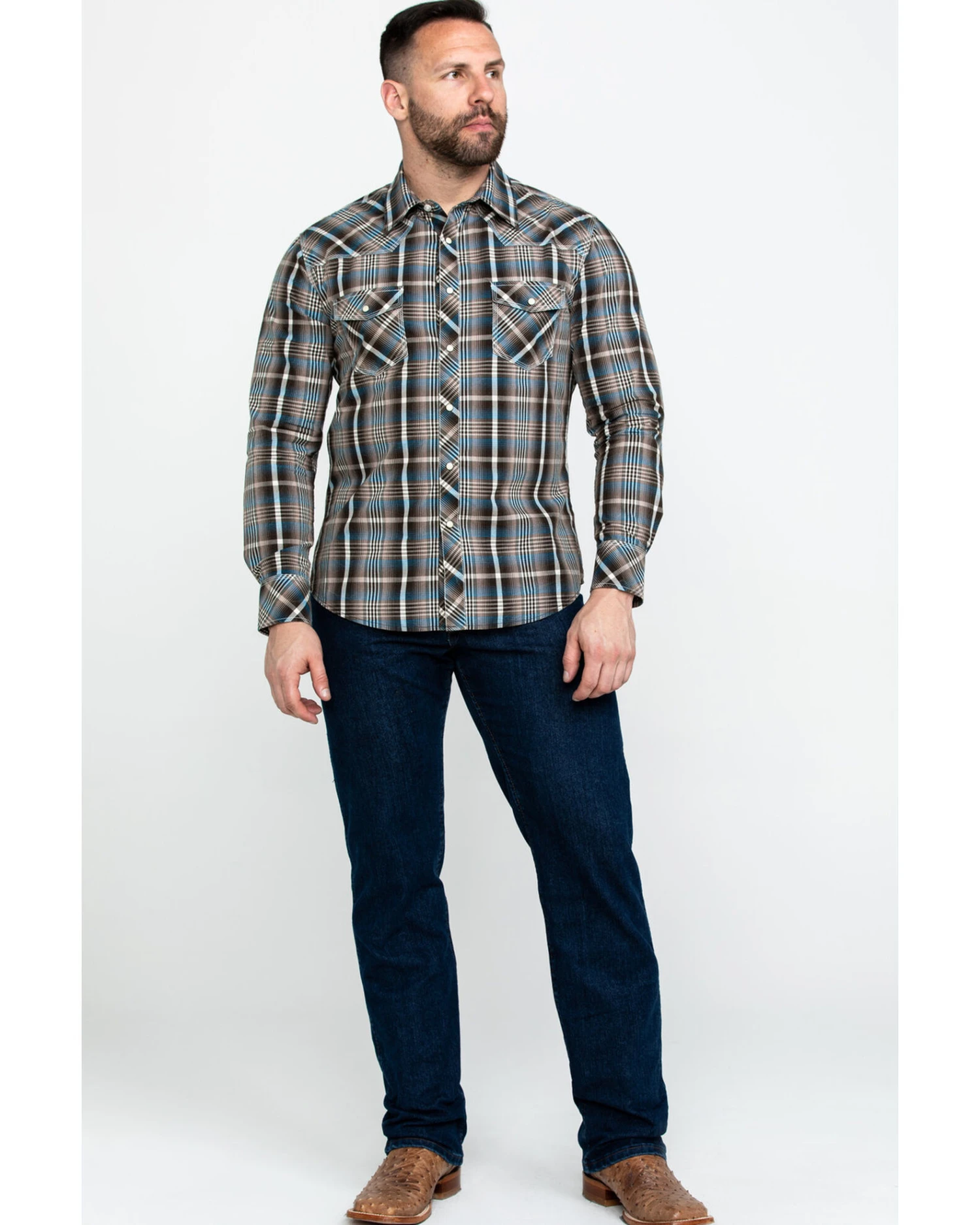 Rock & Roll Denim Men's Teal Washed Yarn Dye Plaid Short Sleeve Western Shirt - Image 3