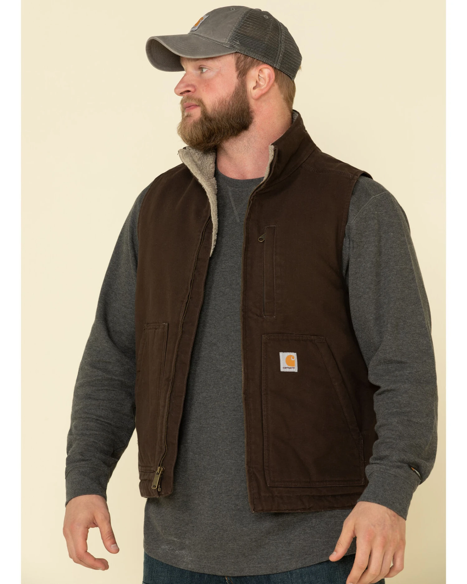 Carhartt Men's Dark Brown Washed Duck Sherpa Lined Mock Neck Work Vest - Image 2