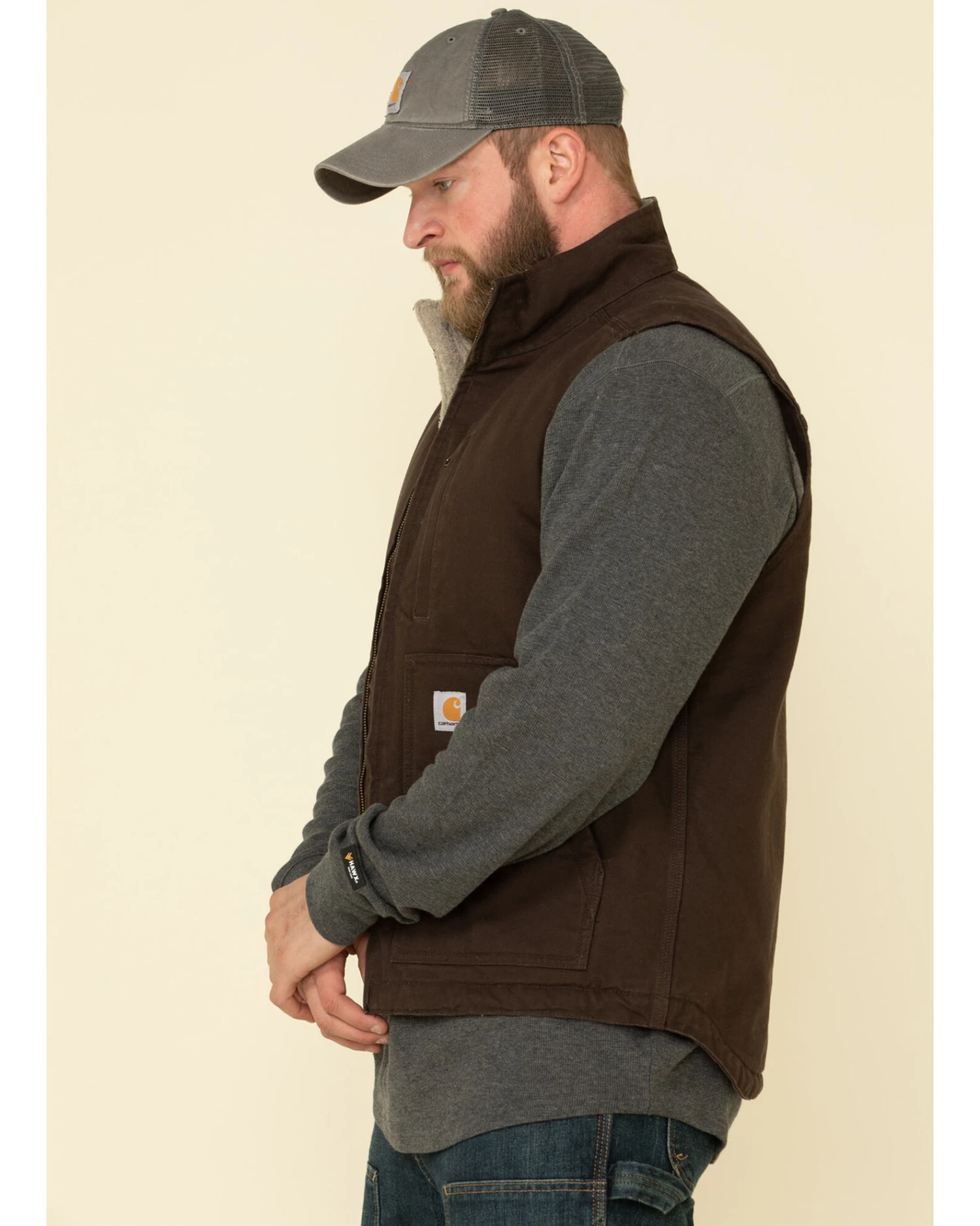 Carhartt Men's Dark Brown Washed Duck Sherpa Lined Mock Neck Work Vest - Image 4