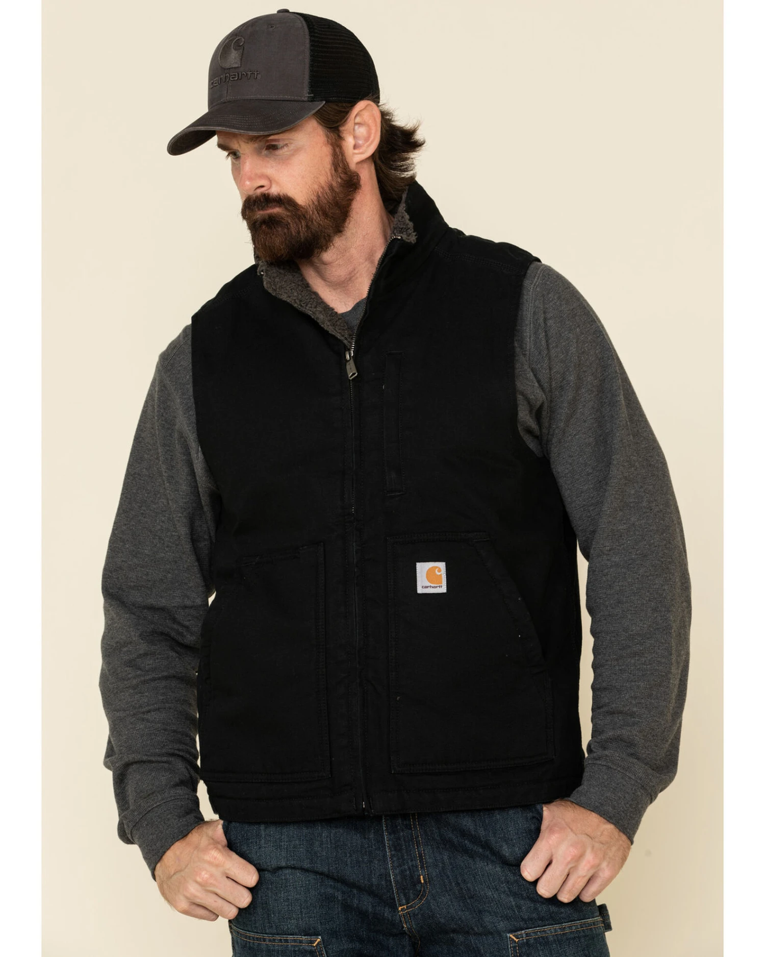 Carhartt Men's Black Washed Duck Sherpa Lined Mock Neck Work Vest - Big