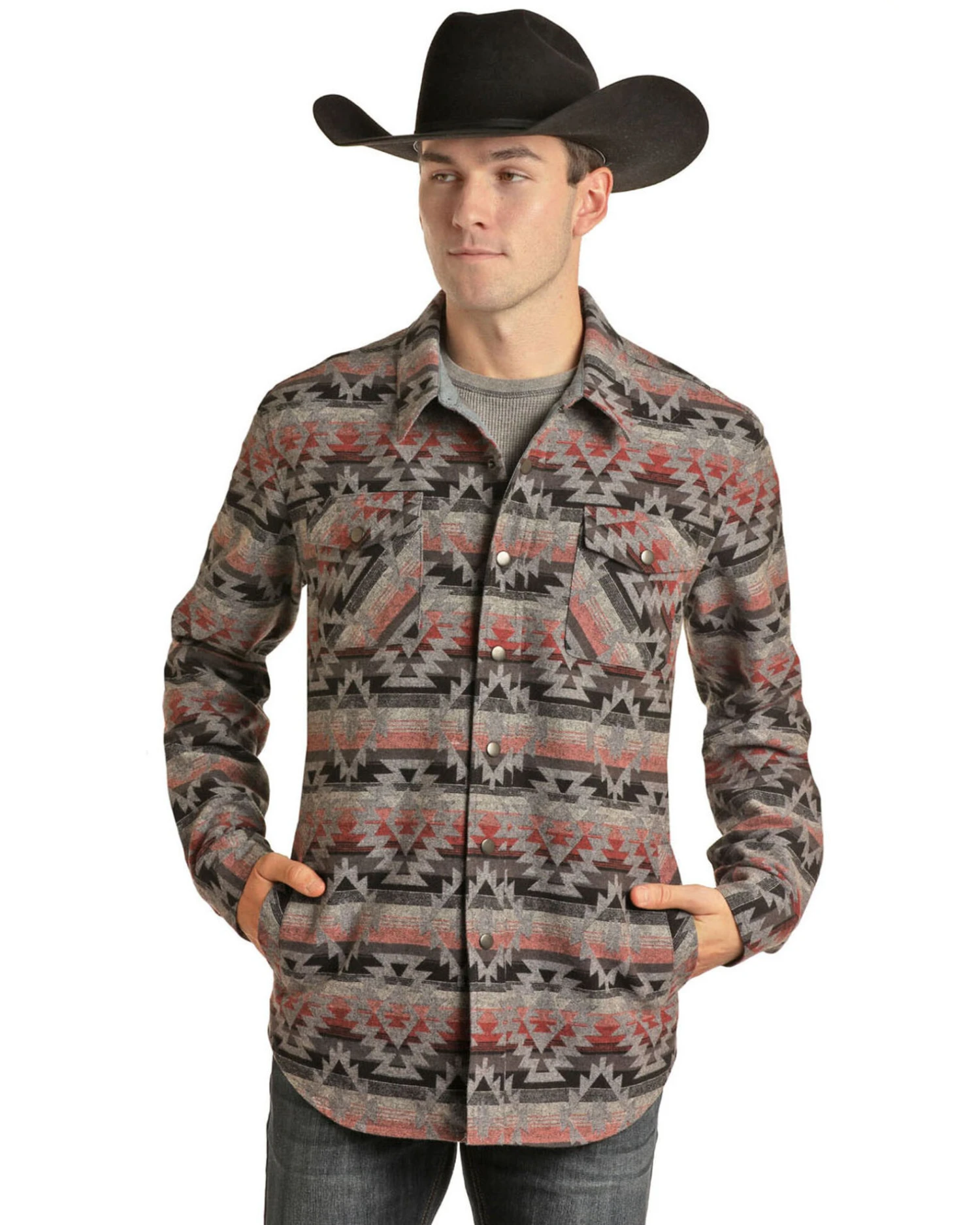 Rock & Roll Denim Men's Coral Southwestern Print Shirt Jacket - Image 3