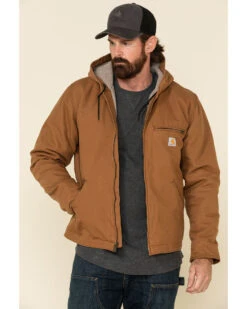 Carhartt Men's Washed Duck Sherpa-Lined Zip-Front Work Hooded Jacket - Tall