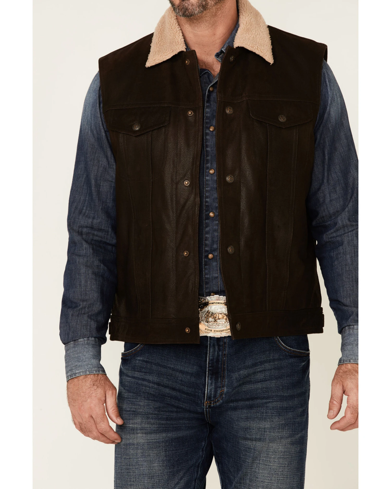 Cripple Creek Men's Mocha Lightweight Buffalo Nappa Snap-Front Leather Vest - Image 2