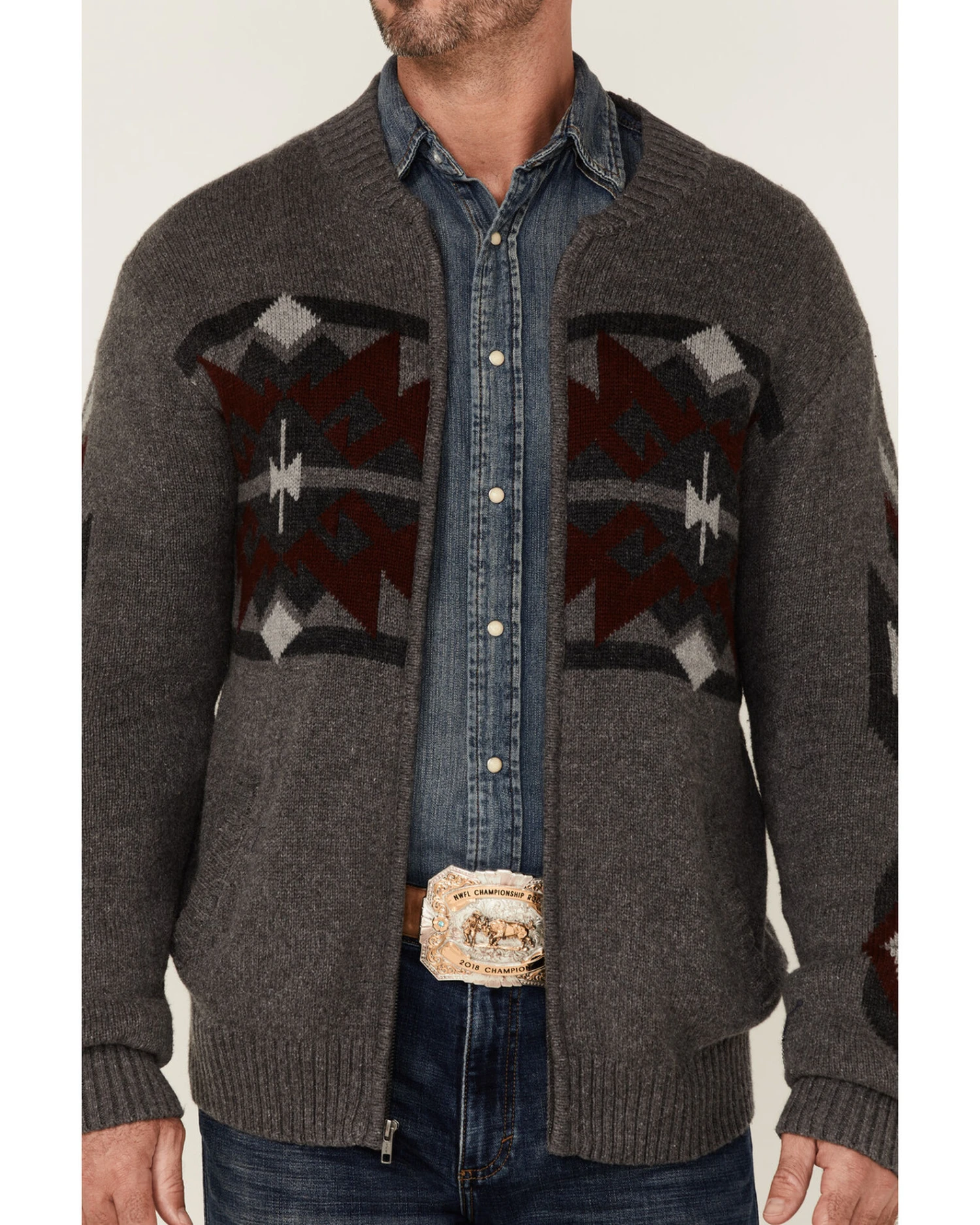 Stetson Men's Gray Southwestern Print Heather Knit Zip-Front Wool Sweater - Image 3