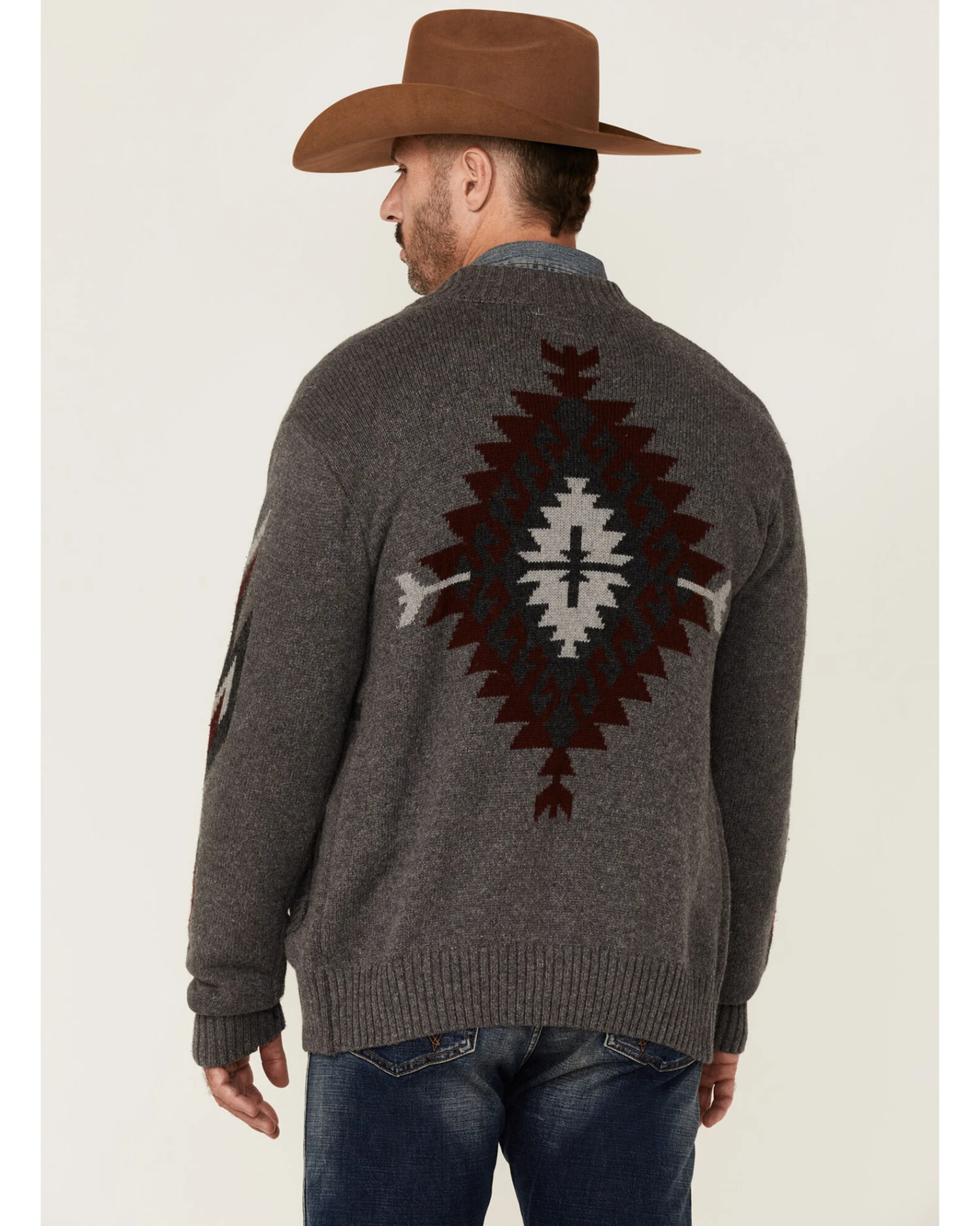 Stetson Men's Gray Southwestern Print Heather Knit Zip-Front Wool Sweater - Image 4