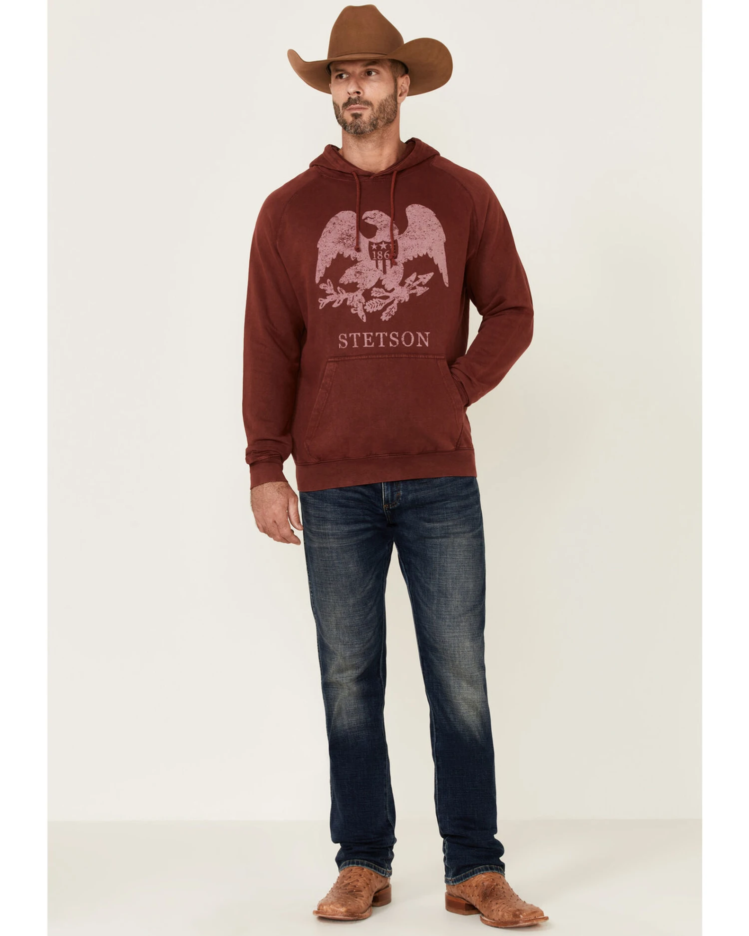 Stetson Men's Red Mineral Wash Distressed Eagle Graphic Hooded Sweatshirt - Image 3