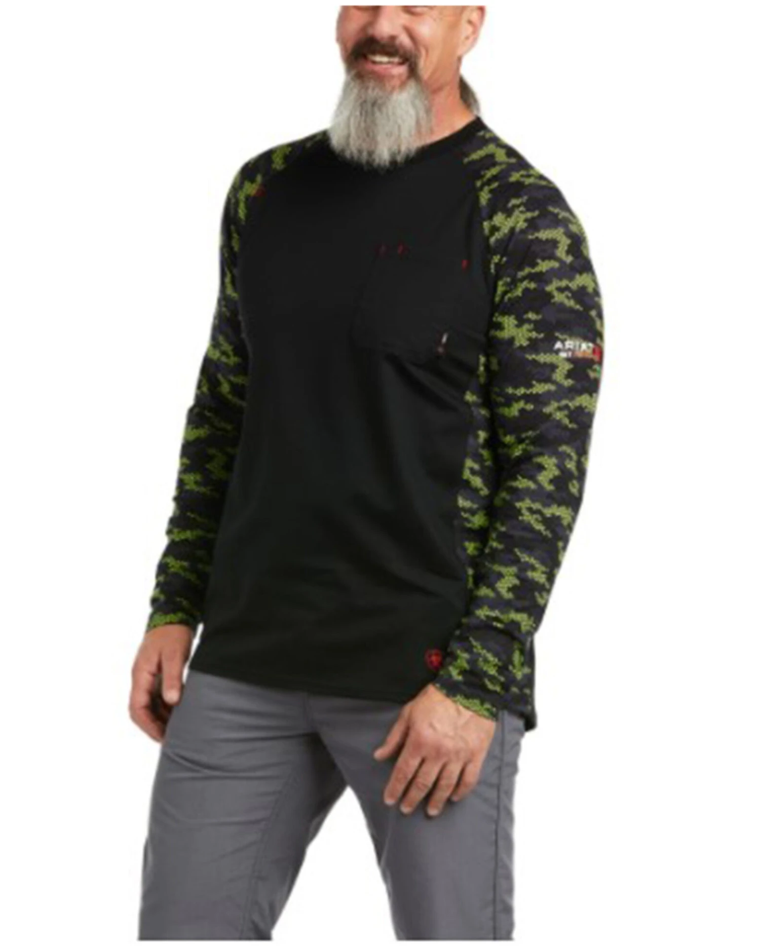 Ariat Men's Black & Lime Camo FR Stretch Long Sleeve Baseball Work T-Shirt - Image 2