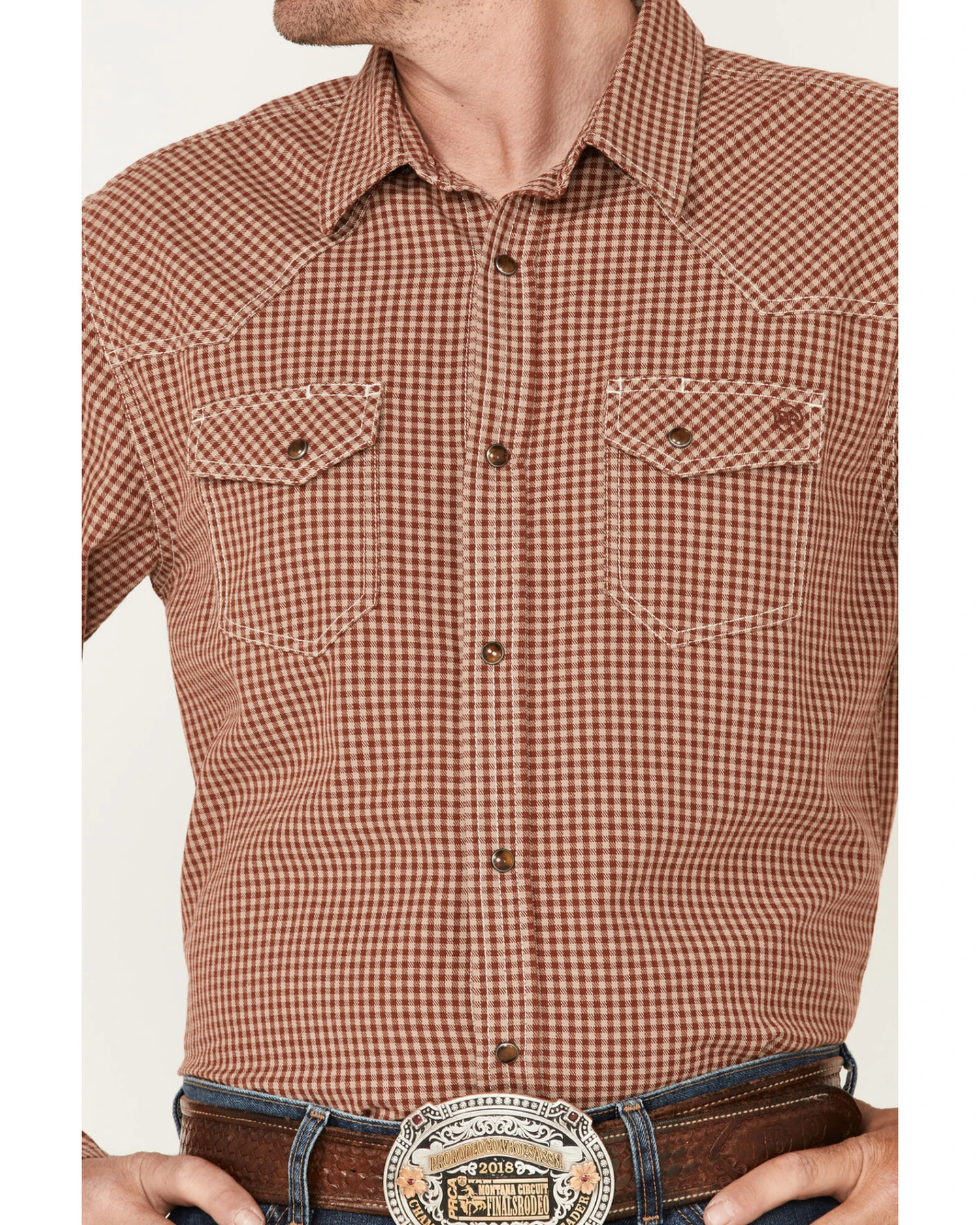 Blue Ranchwear Men's Gingham Print Short Sleeve Snap Work Western Shirt - Image 2