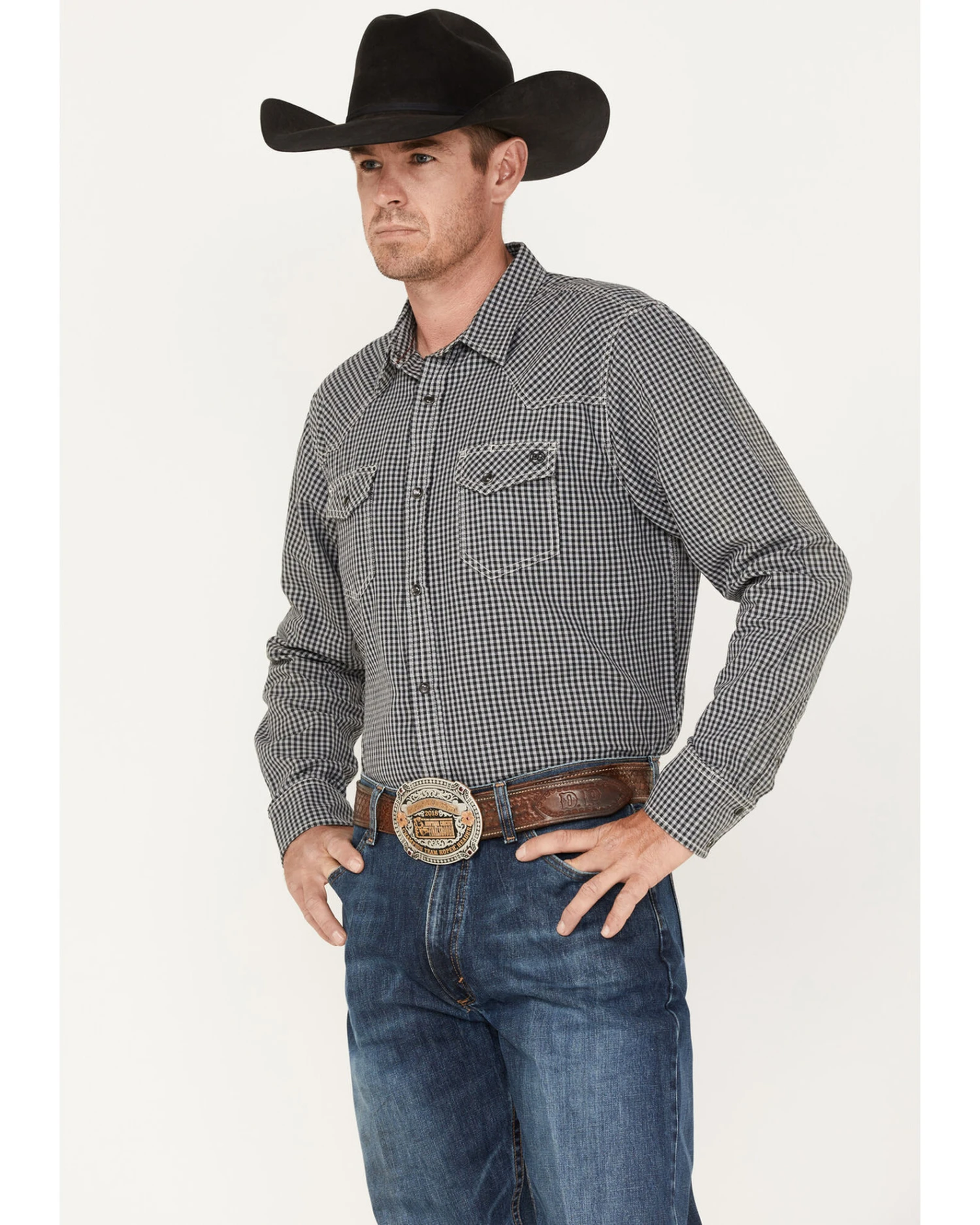 Blue Ranchwear Men's Gingham Print Work Pearl Snap Western Shirt - Image 3