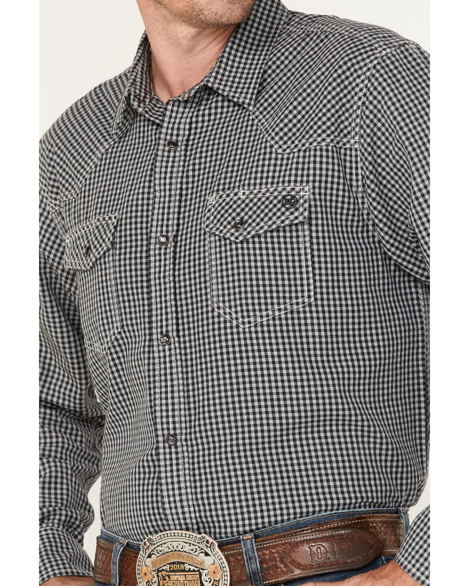 Blue Ranchwear Men's Gingham Print Work Pearl Snap Western Shirt - Image 4