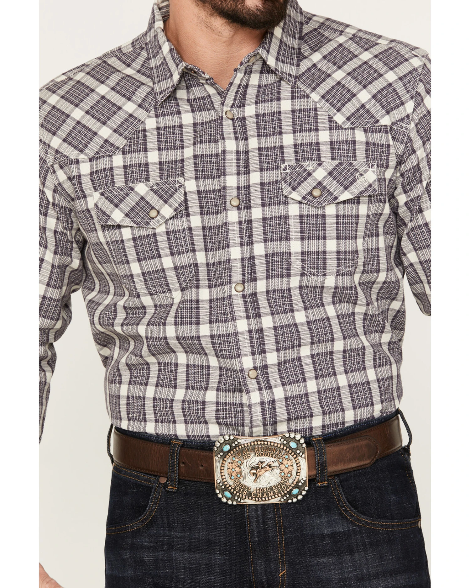 Blue Ranchwear Men's Plaid Print Long Sleeve Western Pearl Snap Shirt