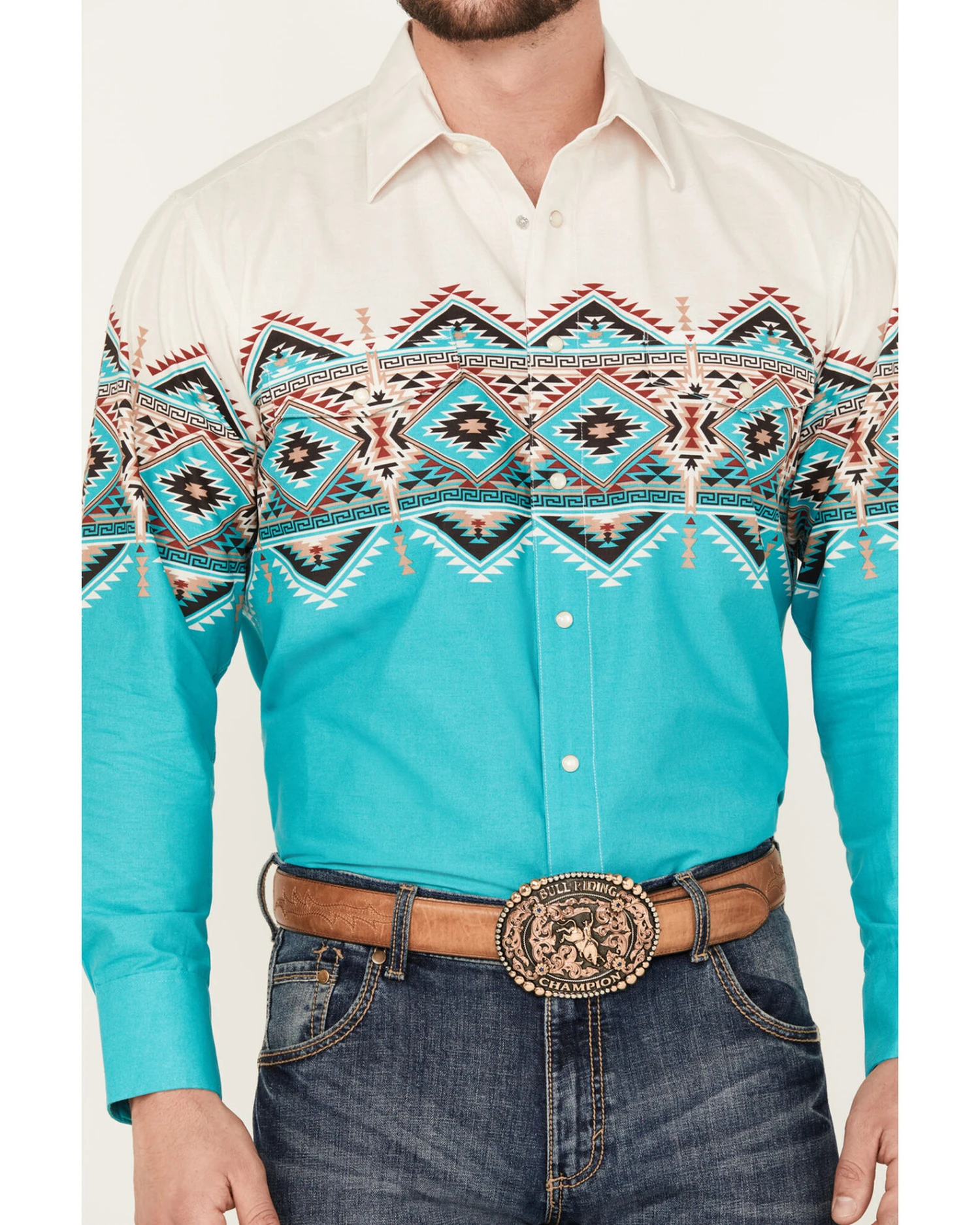 Panhandle Men's Southwestern Border Long Sleeve Pearl Snap Western Shirt - Image 3