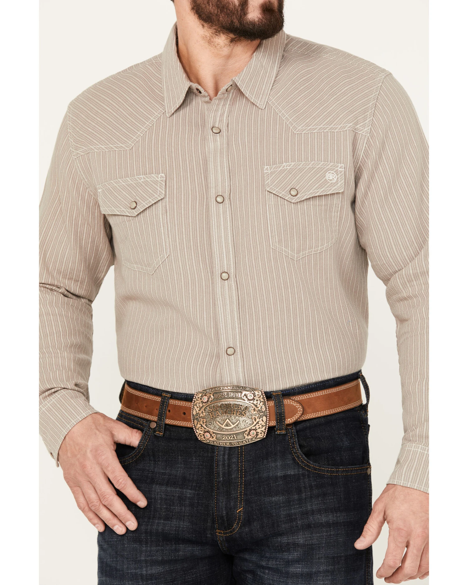 Blue Ranchwear Men's Laramie Striped Long Sleeve Western Snap Shirt - Image 3